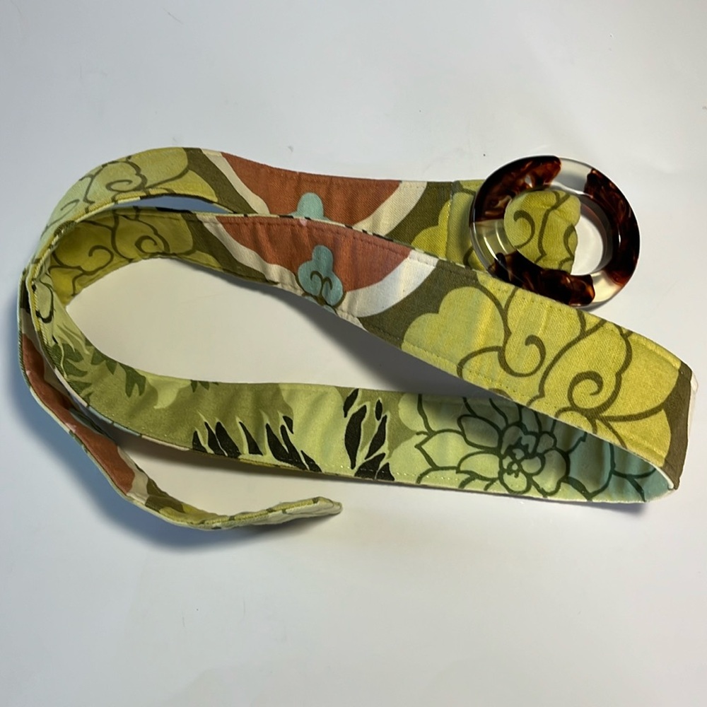 Billy Belts NY VTG boho cotton green tropical pattern faux tortoise shell buckle